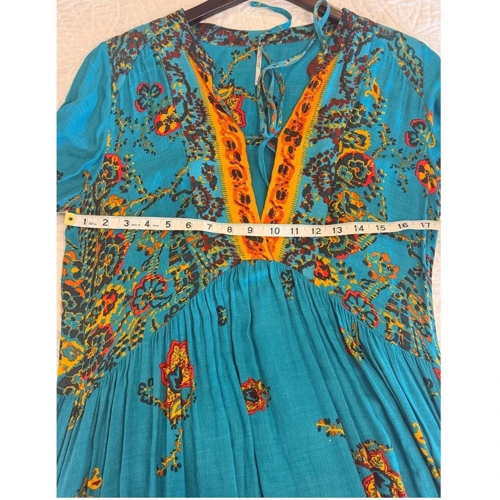 Free People If You Only Knew Blue Paisley Floral Boho‎ V-Neck Midi Dress Small